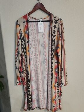 PAISLEY GRACE Native Indian Print Open Front Cardigan in Cream, Red, Mustard XL